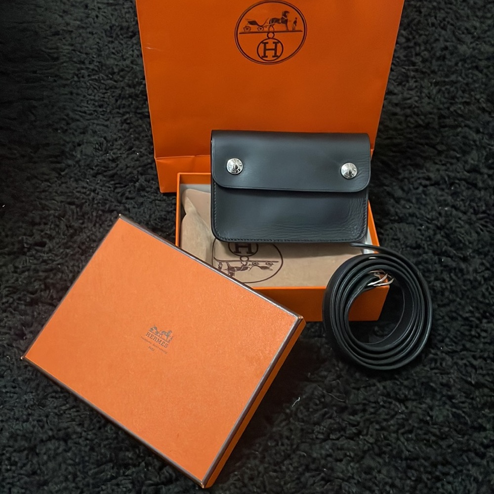 RARE Hermes Pochette Green Black Barenia Palladium Hardware